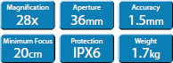 Magnification:28x
Aperture:36mm
Accuracy:1.5mm
Minimum Focus:20cm
Protection:IPX6
Weight:1.7kg