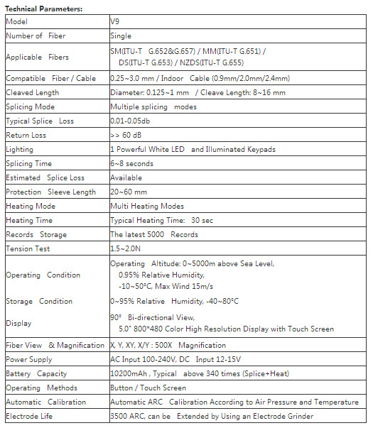Fusion Splicer V9 spek