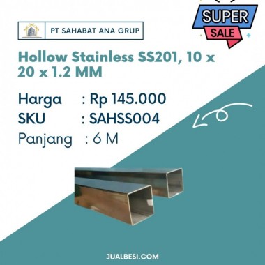 Hollow Stainless SS201, 10 x 20 x 1.2 MM