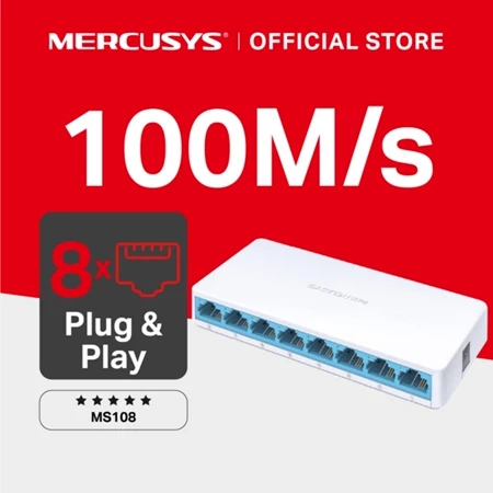 Mercusys | MS108 | 8-Port Switch | 10/100 Mbps | Plug & Play | Desktop Network | Ethernet LAN | Hub