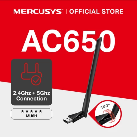 Mercusys | MU6H | AC650 WiFi USB Adapter | High Gain | 5GHz | Dual Band | Wireless Receiver | Dongle