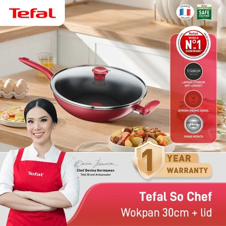 Tefal So Chef Wokpan Series 30 / 32 CM Dengan Tutup - Wajan Induksi Anti Lengket Bisa di Semua Kompor / Penggorengan Garansi 1 Tahun