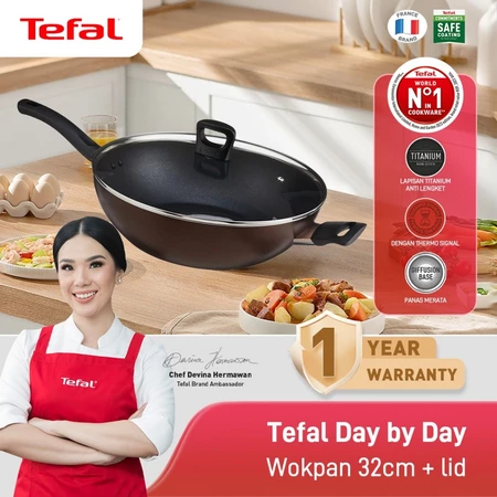 Tefal Day by Day Wokpan 32 CM + LID - Wajan Induksi Anti Lengket Bisa di Semua Kompor / Penggorengan Garansi 1 Tahun