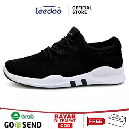 Leedoo Sepatu Pria Sneaker Original 100% Running Fashion Sport Shoes Olahraga Bahan Karet Hitam EE01