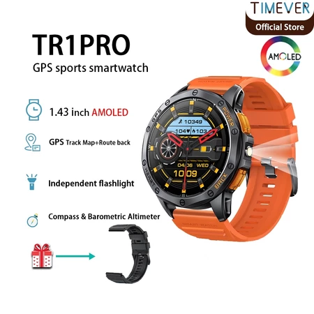 TIMEVER TR1PRO GPS Track Map AOD smartwatch lampu senter jam tangan pintar tahan air 3ATM jam tangan militer ketinggian tekanan