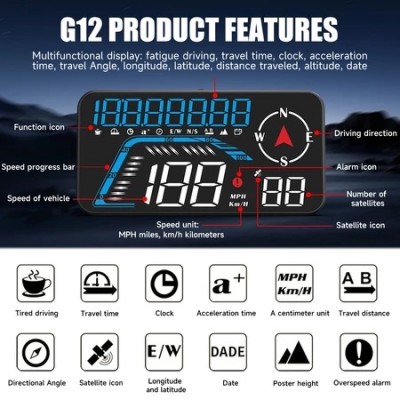ANCEL G12 Digital Car HUD GPS Speedometer Head Up Display Compass Overspeed Alarm MPH KMH