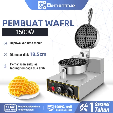 Mesin Waffle Crofle / 1500W Waffle Baker Kepala Tunggal Pemanas Listrik Besi Tahan Karat Kue Kotak-kotak Waktu Pengatur Suhu