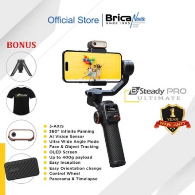 Brica B-Steady ULTIMATE - 3-Axis Smartphone Gimbal - Bonus AI Vision Sensor + LED Light + Tripod + Hard Case - Black - BSPU Garansi Brica Indonesia