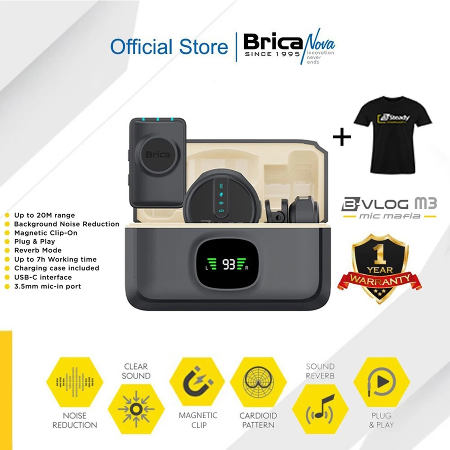 Brica B-VLOG M3 Dual Magnetic Clip Wireless Microphone - Clip On Mic Vlog - With Charging Case BVLOG - Bonus T-Shirt Brica Store