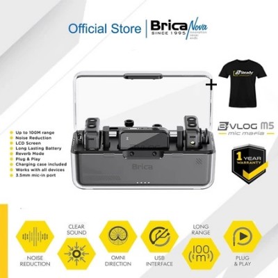 Brica B-VLOG M5 Dual Wireless Microphone - Clip On Mic Vlog - With Charging Case Mic Wireless BVLOG - Bonus T-Shirt