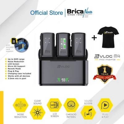 Brica B-VLOG M4 Dual Wireless Microphone - Clip On Mic Vlog - With Charging Case BVLOG Mic Wireless - Bonus T-Shirt