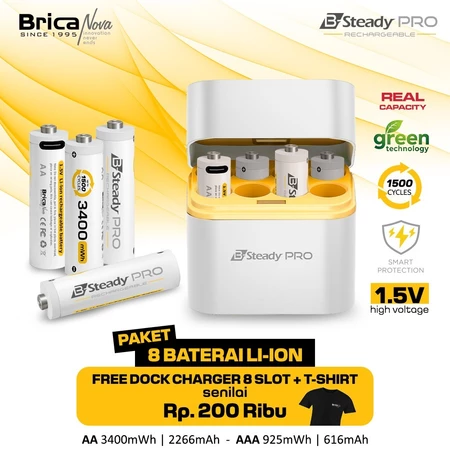 Brica B-Steady PRO 1.5V AA x4 & AAA x4 Li-Ion Rechargeable Battery with Charger Dock - Free T-Shirt Brica Shop