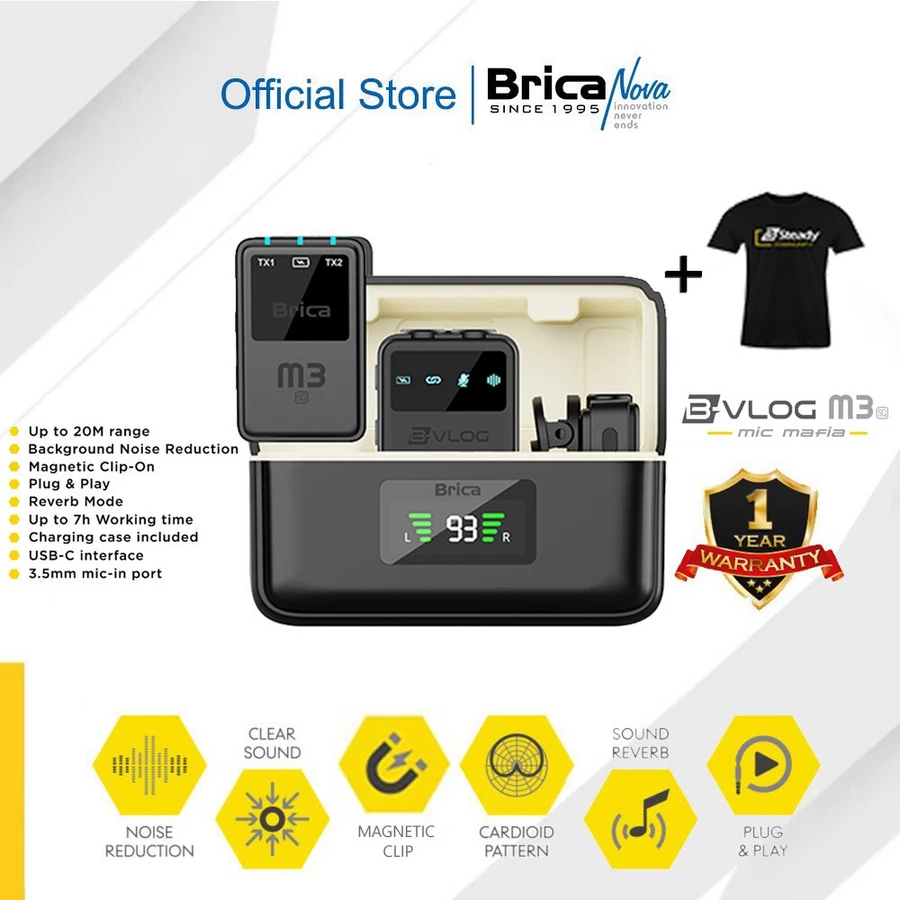 Brica B-VLOG M3 SQ - Dual Magnetic Clip Wireless Microphone - Clip On Mic Vlog - With Charging Case BVLOG - Bonus T-Shirt Brica Store