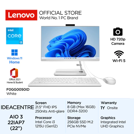 Lenovo PC IdeaCentre AIO 3i 22IAP7 Intel Core i3 1215U Win11 Home 8GB 256GB SSD 21.5" FHD IPS 72% NTSC Antiglare Integrated Lenovo Official Store