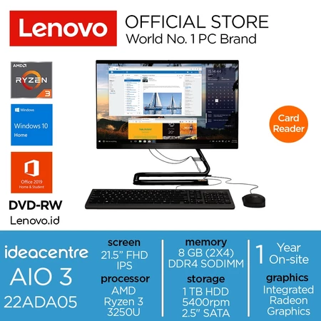 Lenovo PC IdeaCentre AIO 3 22ADA05 Ryzen 3 3250U Win10 Home 8GB 1TB HDD SATA 21.5" FHD IPS Integrated AMD Radeon OHS DVD Lenovo Official Store