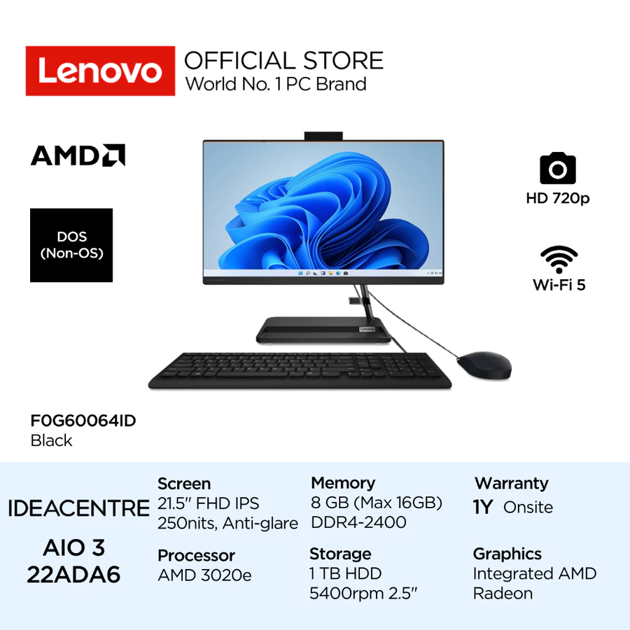 Lenovo PC IdeaCentre AIO 3 22ADA6 AMD 3020e DOS 8GB 1TB HDD 2.5" SATA 21.5" FHD IPS Integrated Radeon 64ID 65ID Lenovo Official Store