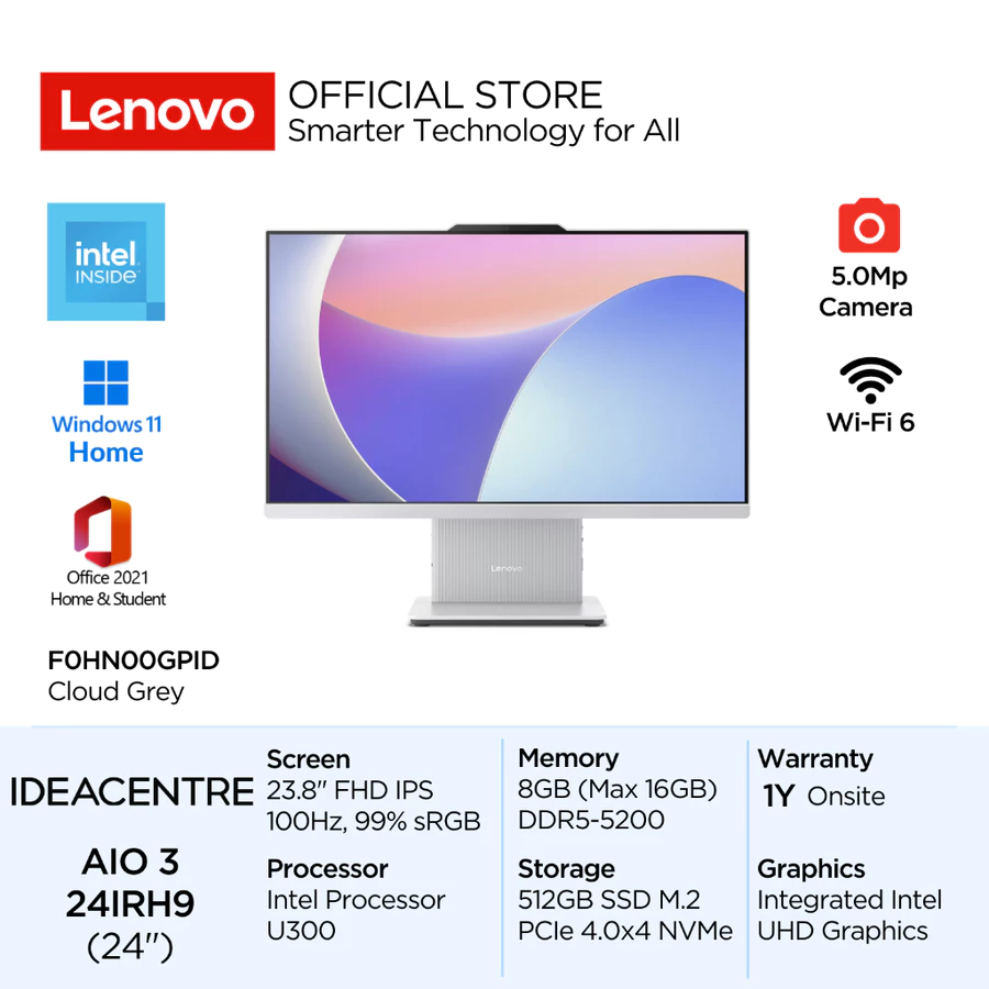 Lenovo PC IdeaCentre AIO 3i 24IRH9 GPID Intel Processor U300 Win11 8GB 512GB SSD 23.8" FHD IPS 99% sRGB 100Hz Integrated OHS Lenovo Official Store