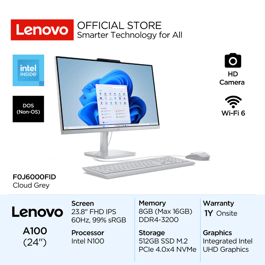 Lenovo PC AIO A100 0FID Intel N100 DOS 8GB 512GB SSD 23.8" FHD IPS 250nits 60Hz 99% sRGB Antiglare Integrated HD Camera WiFi6 Lenovo Store