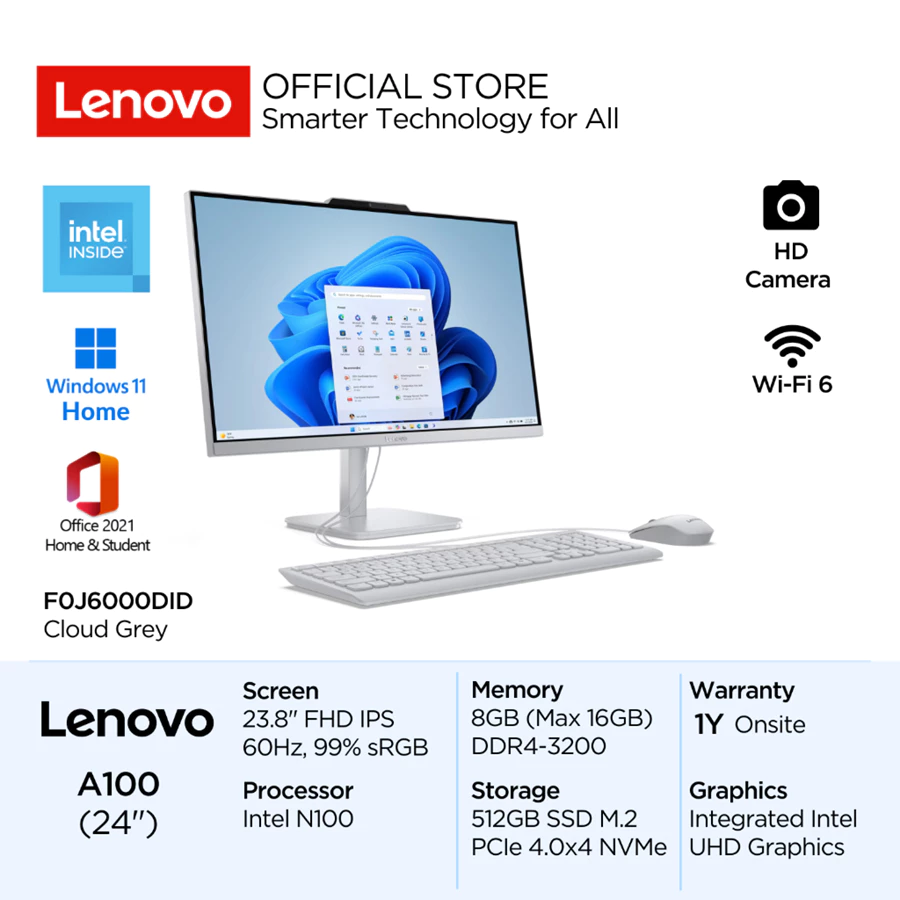 Lenovo PC AIO A100 0DID Intel N100 Win11 Home 8GB 512GB SSD 23.8" FHD IPS 250nits 60Hz 99% sRGB Antiglare Integrated HD Camera