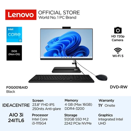 Lenovo PC IdeaCentre AIO 3i 24ITL6 Intel Core i3 1115G4 DOS 4GB DDR4-3200 512GB SSD 23.8" FHD IPS 250nits Integrated Intel UHD Lenovo Official Store