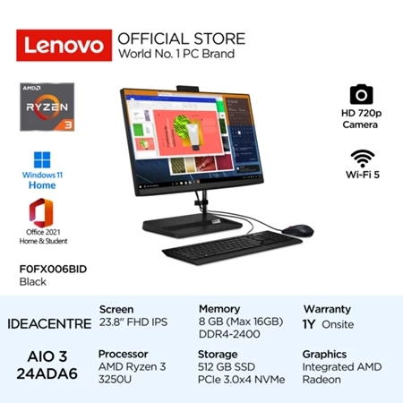 Lenovo PC IdeaCentre AIO 3 24ADA6 Ryzen 3 3250U Win11 OHS 8GB 512GB SSD 23.8" FHD IPS Integrated AMD Radeon Wired Keyboard Lenovo Official Store