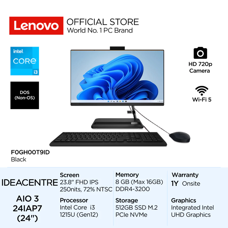 Lenovo PC IdeaCentre AIO 3 24IAP7 Intel Core i3 1215U DOS 8GB 512GB SSD 23.8" FHD IPS 72% NTSC Antiglare Integrated All-in-One Lenovo Official Store