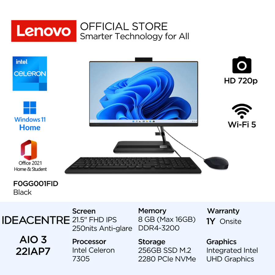 Lenovo PC IdeaCentre AIO 3i 22IAP7 1FID 23ID Intel Celeron 7305 Win11 Home 8GB 256GB SSD 21.5" FHD IPS Integrated Intel UHD OHS Lenovo Official Store