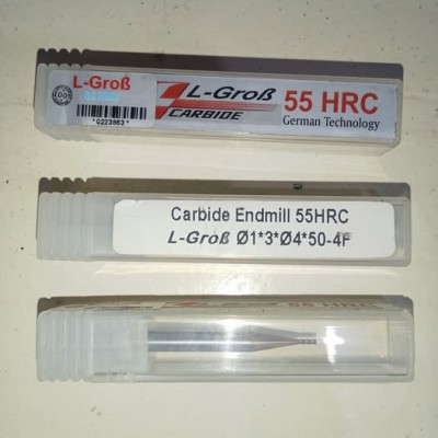 Endmill carbide 4 flute diameter 1mm long 50mm HRC55 Merk L-grob