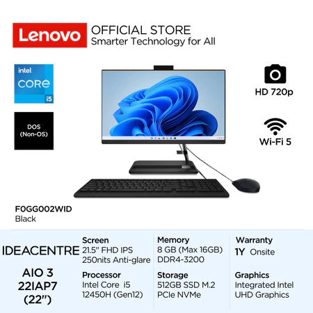 Lenovo PC IdeaCentre AIO 3i 22IAP7 Intel Core i5 12450H DOS 8GB 512GB SSD 21.5" FHD IPS 72% NTSC Antiglare Integrated All-in-One Lenovo Official Store