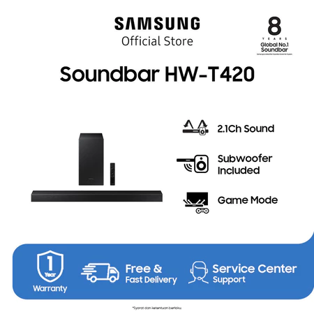 Samsung Soundbar HW-T420 2.1 Ch, 150 W 2020 Home Theater Audio Komputer Televisi Samsung Official Store
