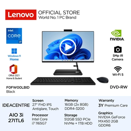 Lenovo PC IdeaCentre AIO 3i 27ITL6 Intel Core i7 1165G7 Win11 Home 16GB 512GB SSD 1TB HDD 27" FHD IPS Touch LBID LCID NVIDIA Lenovo Official Store