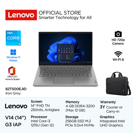 Lenovo V14 Gen 3 IAP EJID Intel Core i3 1215U Win11 Home 4GB Soldered 256GB SSD 14" FHD TN 250nits 45% NTSC Antiglare Integrated Lenovo Official Store
