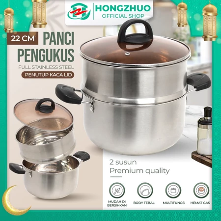 Hongzhuo Panci Kukus Panci Mpasi Steam Pot 2 Tingkat Full Stainless Steel 22cm Tutup Kaca