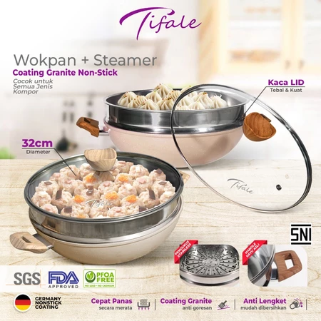 Tifale By Hongzhuo [2IN1] Wokpan 32CM + Glass Lid + Granite Steamer Non Stick / Alat Masak Wok dengan Panci Kukus Granite Anti Lengket dan Tutup / Dandang Steamer Kukus Siomay dan Bakpao 2in 1 + Tutup
