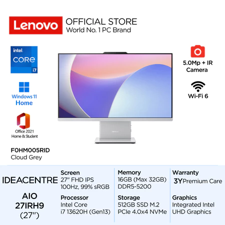 Lenovo PC IdeaCentre AIO 27IRH9 Intel Core i7 13620H Win11 16GB 512GB SSD 27" FHD IPS 99% sRGB Integrated OHS 5RID 5SID Lenovo Official Store