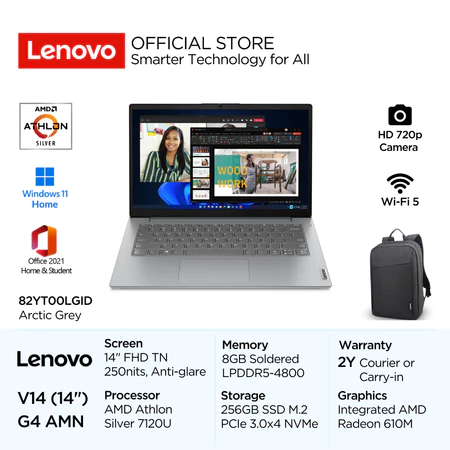Lenovo V14 Gen 4 AMN LGID AMD Athlon Silver 7120U Win11 Home 8GB 256GB SSD 14" FHD TN 250nits 45% NTSC Antiglare Integrat Lenovo Official Store