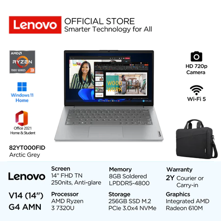 Lenovo V14 G4 AMN 0FID AMD Ryzen 3 7320U Win11 Home 8GB 256GB SSD 14" FHD TN 250nits 60Hz 45% NTSC Antiglare Integrated Lenovo Official Store