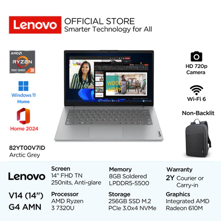 Lenovo V14 Gen 4 AMN V7ID AMD Ryzen 3 7320U Win11 Home 8GB Soldered 256GB SSD 14" FHD TN 250nits 45% NTSC Lenovo Official Store