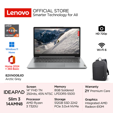 Lenovo IdeaPad Slim 3 14AMN8 AMD Ryzen 3 7320U Win11 8GB 512GB SSD 14" FHD TN 45% NTSC Antiglare Integrated Backlit OHS Lenovo Official Store