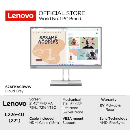 Lenovo Monitor L22e-40 67AFKACBWW Cloud Grey 21.45" FHD VA 250nits 75Hz 72% NTSC Antiglare WLED Backlight Tilt VESA VGA HDMI Lenovo Official Store