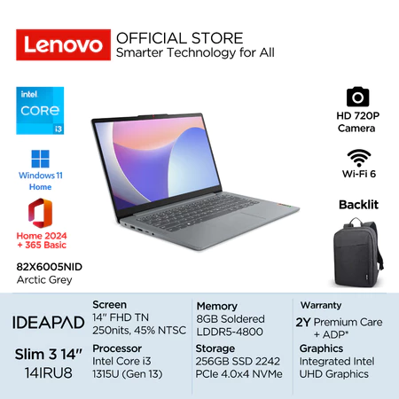 Lenovo IdeaPad Slim 3i 14IRU8 Intel Core i3 1315U Win11 8GB 256GB SSD 14" FHD TN 45% NTSC Antiglare Integrated Backlit 5LID Lenovo Official Store