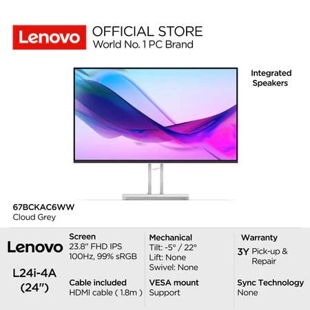 Lenovo Monitor L24i-4A 67BCKAC6WW Cloud Grey 23.8" FHD IPS 250nits max 100Hz 99% sRGB Antiglare 4-sided Ultra Thin Bezel WLED Lenovo Official Store
