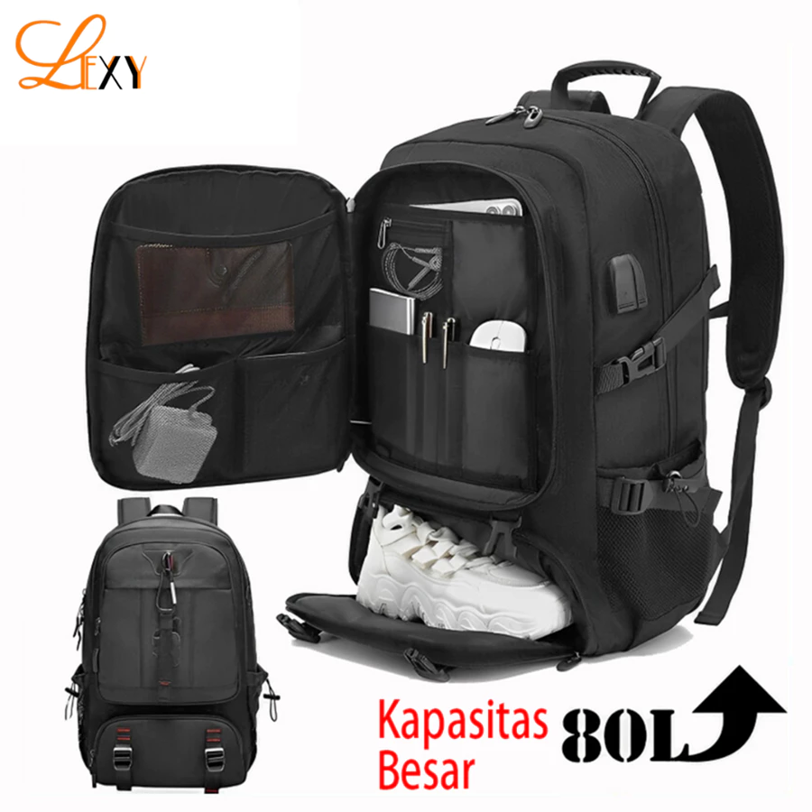 LEXY Tas Ransel Perjalanan Pria 50-80L Tas Gunung Tahan Air Multifungsi Luar Ruangan Kapasitas Besar Lexy Official Store