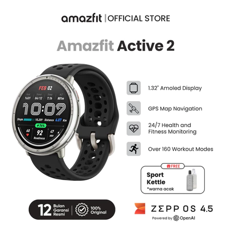 Amazfit Official Active 2 Smartwatch | 5 ATM Tahan Air | 160+ Mode Olahraga | GPS Bawaan | Notifikasi WhatsApp Amazfit Official Store