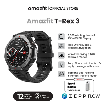 Amazfit T-Rex 3 48mm |baterai 20 hari| 177 Sports Modes | Waterproof |GPS Smartwatch |Harga Terbaik Brave Your Adventure Amazfit Official Store