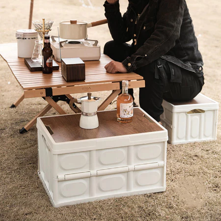 WTHB Outdoor Kotak Penyimpanan Lipat Serbaguna dengan Penutup Kayu Pegangan Ideal Untuk Piknik Camping Dan Rumah Tangga
