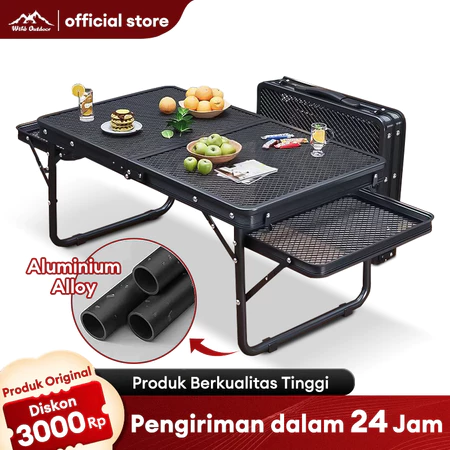 WTHB Outdoor Meja lipat Grid Aluminum Meja Camping dengan 2 Panel Sayap Meja Outdoor dengan Samping Desktop Jaring Logam