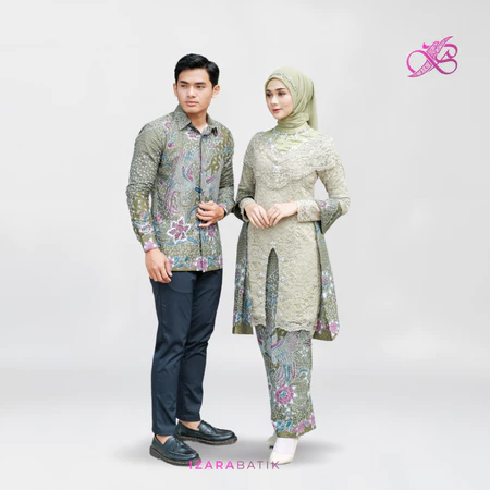 IZARABATIK - Zivana Sage Set Kebaya Batik Modern Couple Wisuda Lamaran Full Payet Tunangan Kondangan Bridesmaid