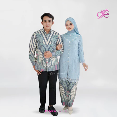 IZARABATIK - Anggita Sky Blue Set Kebaya Modern Couple Wisuda Lamaran Full Payet Tunangan Kondangan