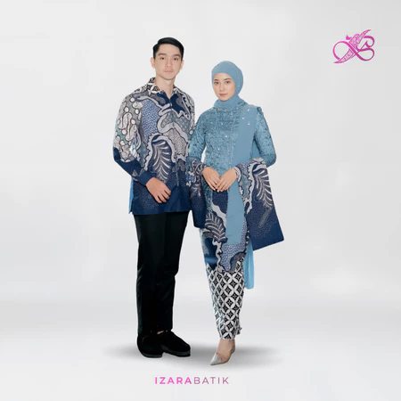 IZARABATIK - Kharisma Denim Set Kebaya Batik Modern Couple Wisuda Lamaran Full Payet Tunangan Kondangan Bridesmaid
